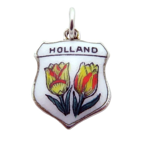 Vintage 800 Silver Holland Tulip Flowers Enamel Shield Travel Souvenir Charm - Picture 1 of 3